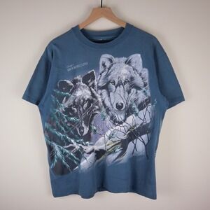 Vintage 90s Brookfield Zoo Chicago Wolf Nature Shirt Blue Large 21.5x27